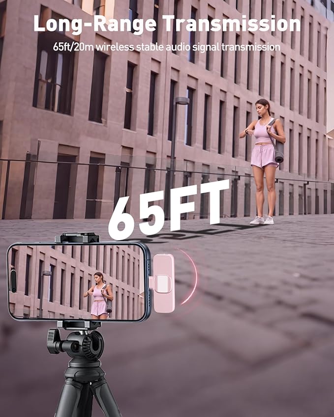 PoP voice USB C Pink Mini Microphone for iPhone 16/15/14/Android, Wireless Lavalier Microphone with Noise Reduction, Lapel Lav Mic for Vlog YouTube TikTok Recording, 12H, 65ft