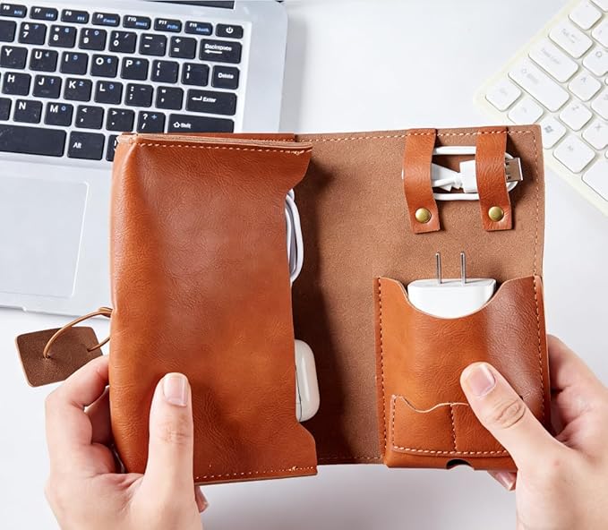 Vintage leather Electronic organizer travel case,cord keeper travel pounch, charger shortage for essentials mouse, adapter, cables,Cable Straps,Earbud case,wrap (Brown leather with band & Organizer)