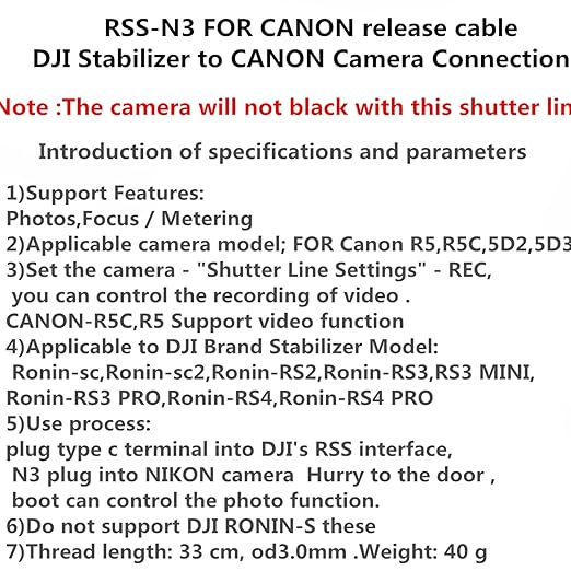 DYTDIEYINGTU R5 R5C R5II Video Cable is Suitable for Canon Camera Shutter Cable Connected to DJI Ronin stabilizer Photo and Video Shutter Release Control Connected to sc rs2 rs3 rs4/ Focus pro