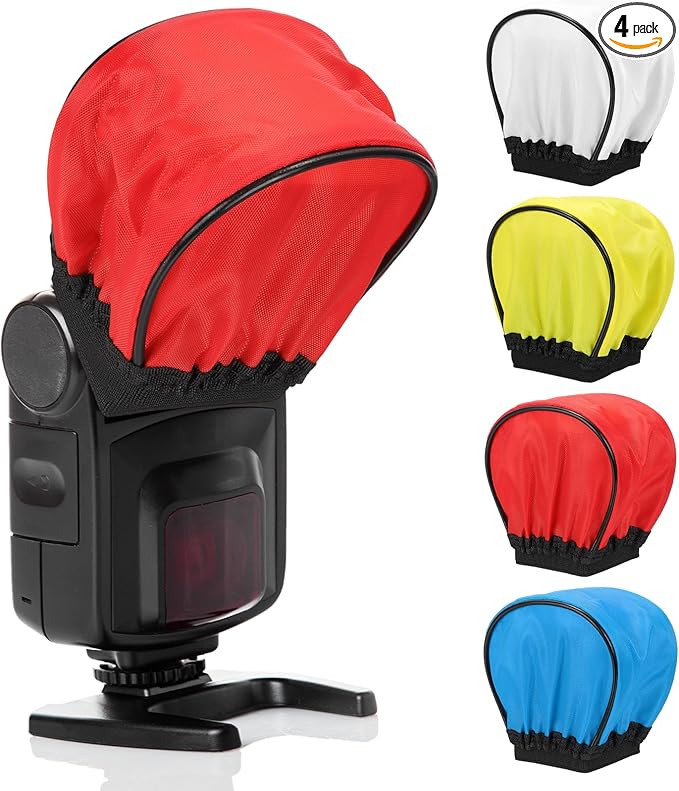 PATIKIL 3.5" x 2.4" Soft Mini Flash Diffuser Cap, 4 Pack Universal Elastic Flash Diffuser Cover for DSLR Camera Flashlight, White, Yellow, Red, Blue