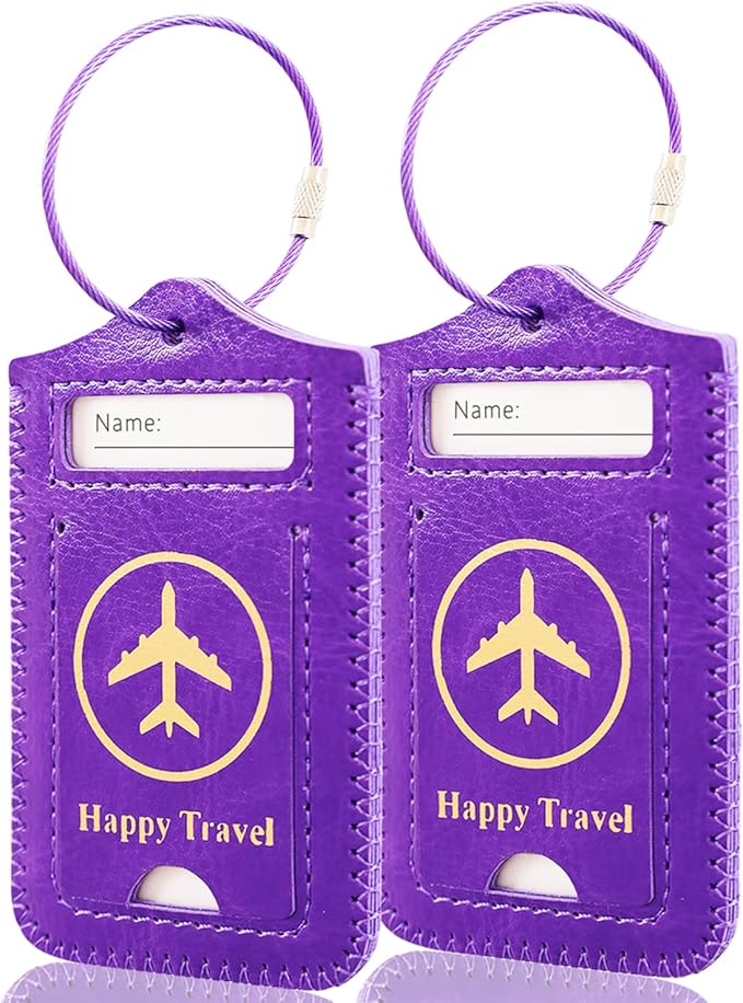 Luggage Tags, ACdream Leather Case Luggage Bag Tags Travel Tags 2 Pieces Set, Purple