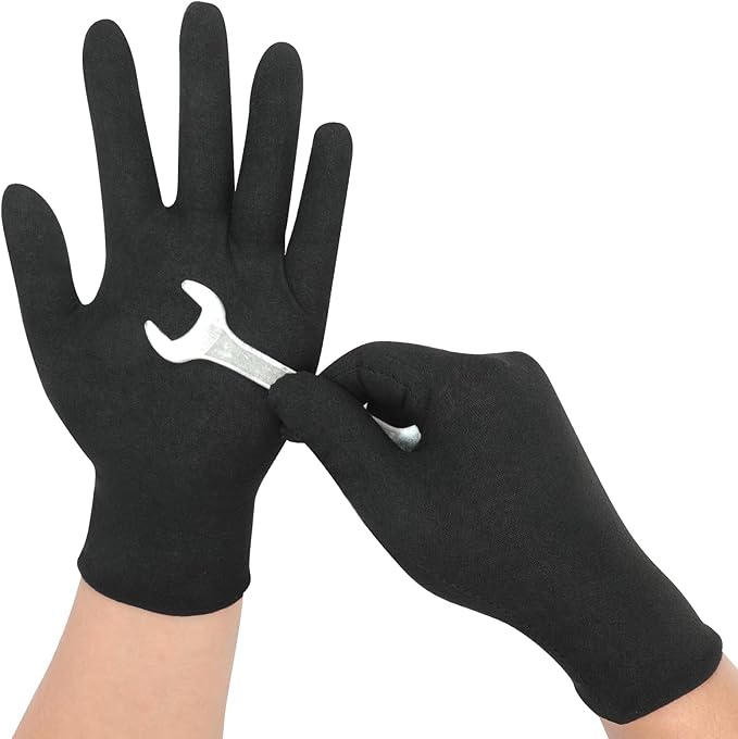 Senkary 10 Pairs Black Cotton Gloves for Men Women, Cloth Work Gloves Liners for Art Handling, Photography, Photo, Coin Jewelry Inspection, Archival, Dry Hands Sleeping, Eczema