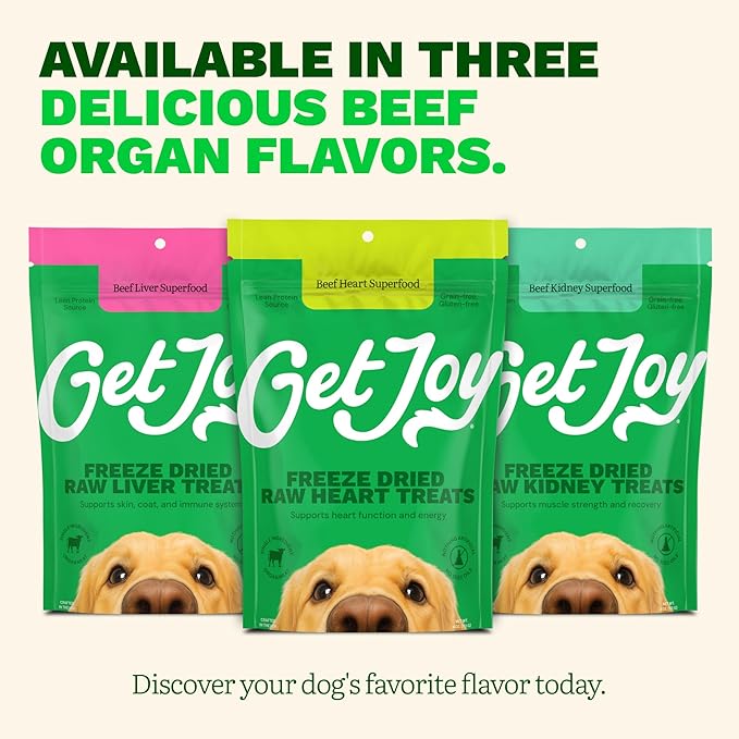 Get Joy Freeze Dried 100% Beef Heart Dog Treats, 16oz | Single Ingredient Organ Meat, High Protein Raw Dog Food Topper, Snack & Training Rewards | Grain Free, Gluten Free, Filler Free