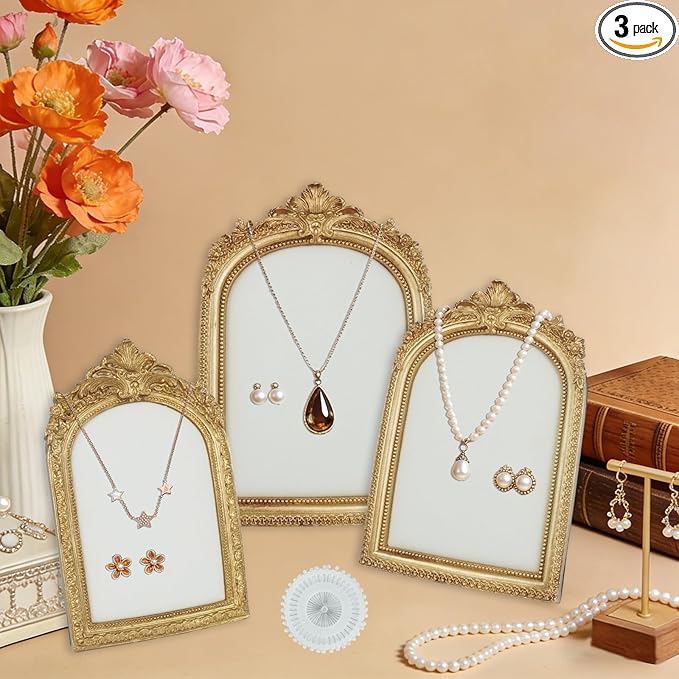 3 Pcs Gold Jewelry Display Stands with Velvet Earring Tray Frame Vintage Jewelry Holder Resin Photography Props Baroque Necklace Organizer for Women Weddings Valentine's Day Backing Gifts