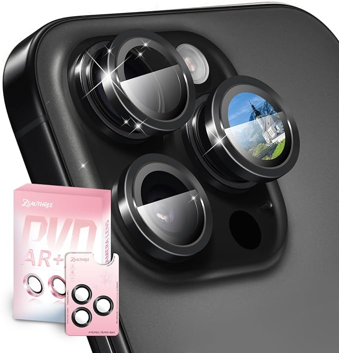 Military Grade 9H+ Glass Lens Protector for iPhone 15 Pro Max/15 Pro,1:1 Invisible Fit,Ultra Clarity with 99.9% Light Transmission,Impact & Scratch Resistance,Smudge-Free (Titanium Black)