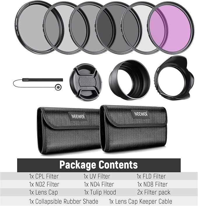 Neewer 72mm ND Lens Filter Kit: UV, CPL(Circular Polarising), FLD, ND2, ND4, ND8, Lens Hood and Lens Cap Compatible with Canon Nikon Sony Panasonic DSLR Cameras