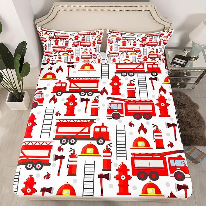 Fire Truck Sheet Sets, Red Fire Fighting Supplies Print Top Sheet for Boys Teens Kids Bottom Sheet Helmet Ladder Fire Extinguisher Fire Theme Sheet Sets,1 Flat Sheet+1 Fitted Sheet+2 Pillowcases,Queen