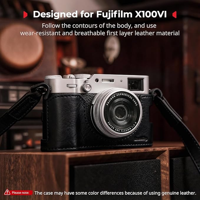 SMALLRIG Leather Case Kit for FUJIFILM X100VI, Including Leather Half Case, Flip Cover and Shoulder Strap, Genuine Leather Material, Portable and Protecting, Black-5622