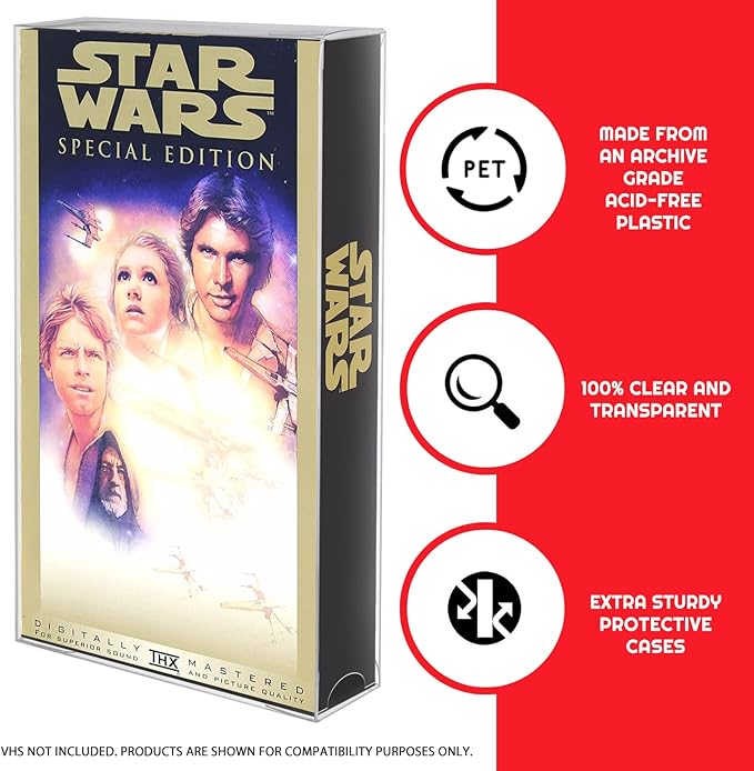 EVORETRO VHS Cassette Tape Display Protector Case - 0.35 mm Thick Clear PET Plastic Display Case Compatible with Star Wars, Disney, Jurassic Park, Titanic Movie Collection Storage (25 Pack)