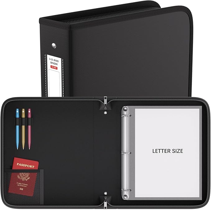 ZOOPIP Fireproof 3 Ring Binder with Zipper, 2.5 Inch D Rings Hold up 650 Sheets of 8.5" x 11" (A4), Compatible with Clear Page Protectors, Built-in net and Pen Holder (1 Pcs, Black, 2.5")