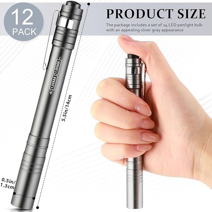 12 Pack LED Penlight Bulk, Pocket Flashlight with Clip, Aluminum Pen Flashlights Mini Pen Light for Nurses Hospital Outdoor Camping Emergency Hiking(Silver Gray)