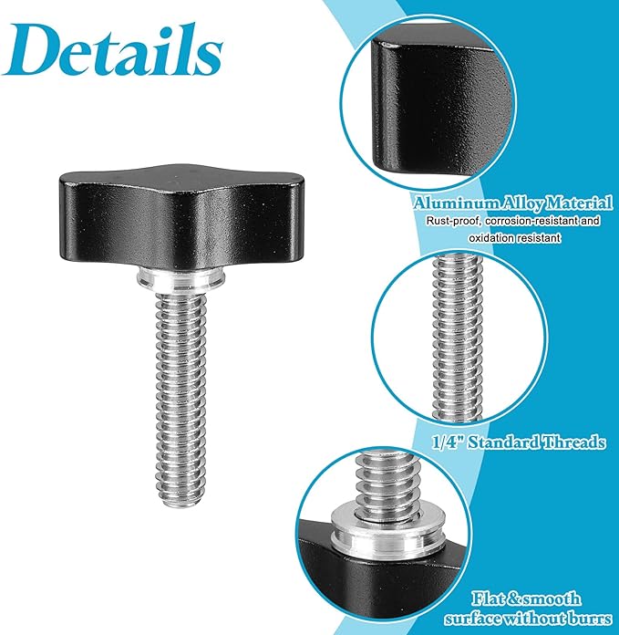 PATIKIL Clamping Screw Knob 1/4" x 1.63", 2Pcs Aluminum Alloy t Shaped Camera Thumb Screws for DSLR Flash Bracket Light Stand Adapter Action Sports Camera Mounting System, Black