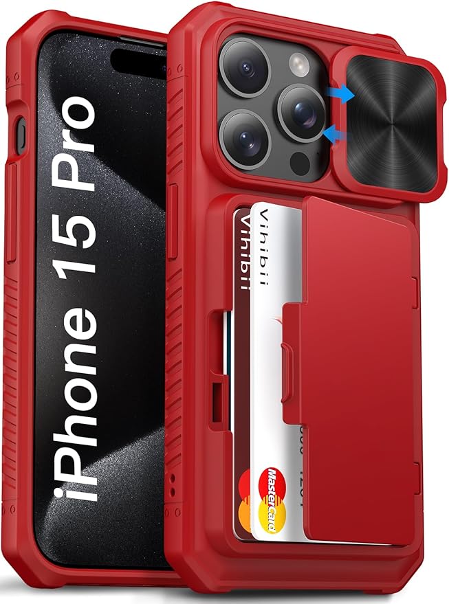 Vihibii for iPhone 15 Pro Wallet Case with Card Holder (4 Cards) & Slide Camera Cover & Kickstand & Raised Edges Protective Screen, Shockproof Rugged Phone Case for iPhone 15 Pro 5G 6.1" 2023, Red