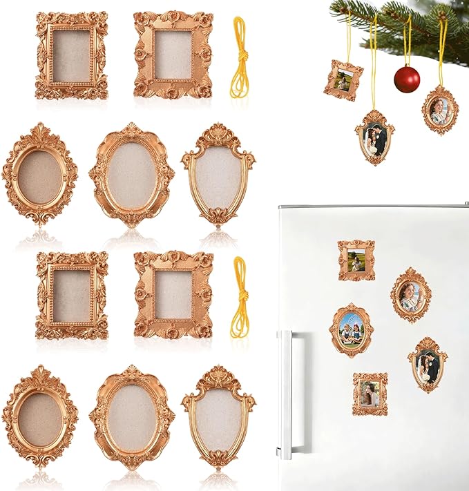 5 Pcs magnetic picture frames for refrigerator:Refrigerator Mini Frames Magnetic Vintage Picture Display with Back Small Antique Picture Frames with Hooks holders and Rope Refrigerator Magnets Photo Display Christmas Decor(Golden 5 Pcs )
