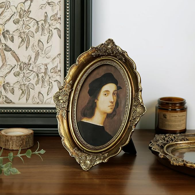 Cuspin 4x6 Vintage Picture Frame Gold Frames, Bronze Gold 4 by 6 Picture Frame Hand-Crafted Resin with Glass Front, Ornate Retro Oval Photo Frame for Wall Hanging and Tabletop Display