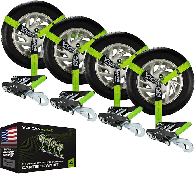 VULCAN Car Tie Down with Snap Hooks - Lasso Style - 2 Inch x 96 Inch - 4 Pack - High-Viz - 3,300 Pound Safe Working Load