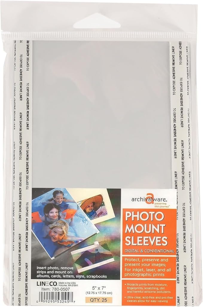 Lineco, 5x7 Inch Photo Mounting Sleeves, Archival Acid-Free Clear PCA-Free, for Storing Prints (Pack of 25)