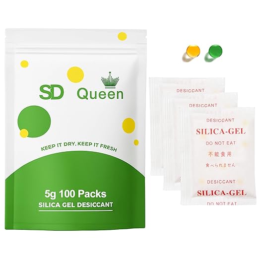100-Pack 5g Silica Gel Packets – Premium Food Grade Rechargeable Desiccant with Color Indicating Beads for Spices, Vitamins, Electronics & Storage