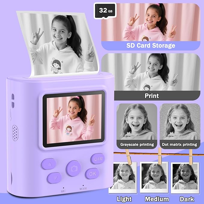 Upgrade Kids Camera Instant Print for Ages 3-12, Portable Instant Print Camera with HD Digital Video, Perfect Christmas Birthday Gift for Boys & Girls, Includes 32GB SD Card - Purple