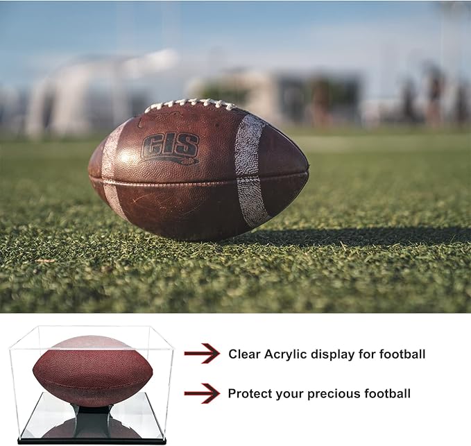 Acrylic Football Display Case with Ball Holder Base – a Memorabilia Showcase Storage Box Designed for Full-Size Football Collectibles. Perfect for Sport Lovers to Display Their Footballs