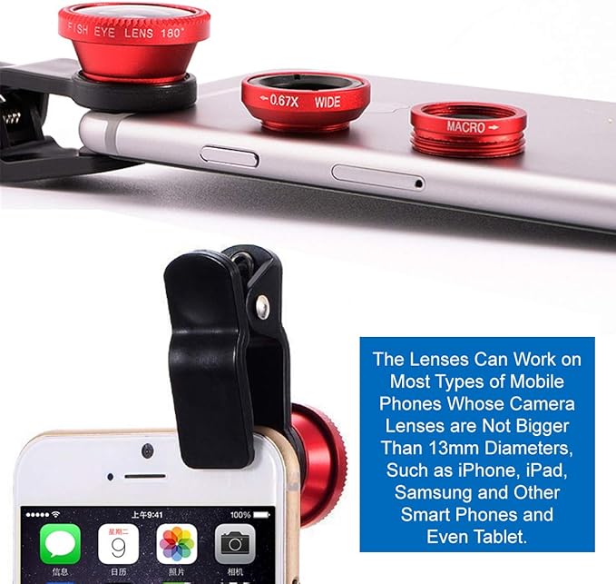 KINGMAS 3 in 1 Universal Fish Eye Lens, Macro Clip Lens Wide-Angle Camera Lens Kit for iPad iPhone Samsung Android and Most Smartphones (Red)