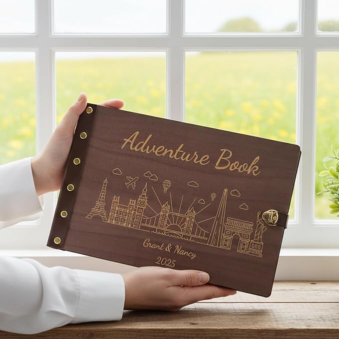 Custom Travel Scrapbook, Personalized Travel Photo Album with Wooden Cover, Adventure Book Scrapbook Keepsake Gifts, Vacation Photo Album to Hold Your Stories