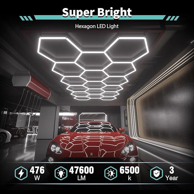 Hexagon Garage Lights: 476W 68 Pack 17 Grids LED Garage Lights - Easy Install 6500K Super Bright Honeycomb Light for Warehouse, Car Detailing Shop, Exhibition Hall, Gym