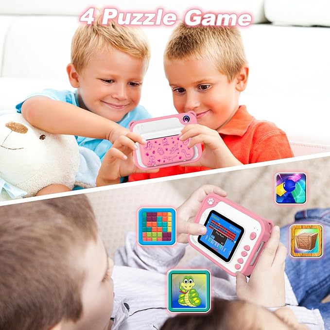 Kids Camera Instant Print, Dinosaur Kids Digital Toddler Camera,1080P with 32G SD Card, Kids Toy Birthday Gifts Portable Toy for 3-12 Year Old Girls Boys (Pink)