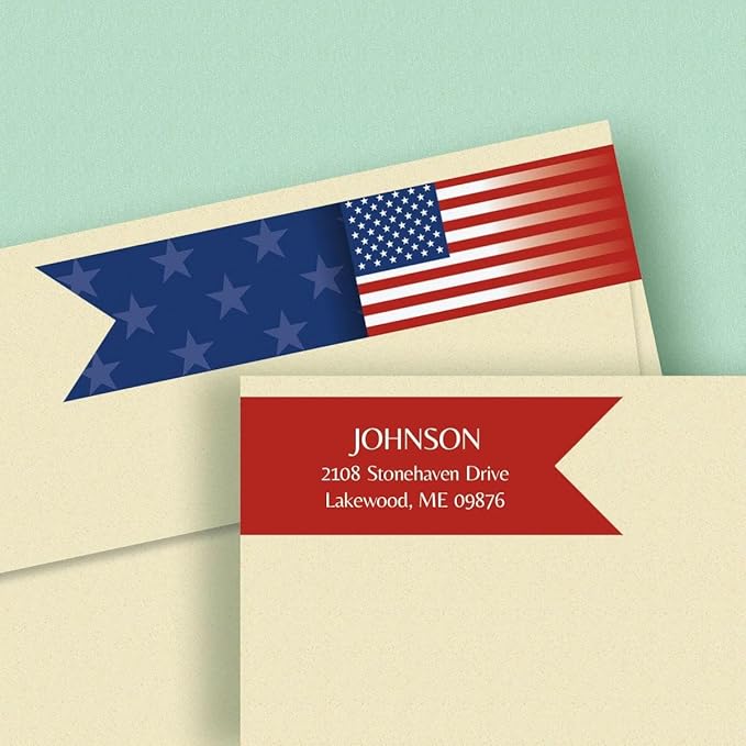 Colorful Images Patriotic Flag Wrap Return Address Mailing Labels, Personalized in The USA with Names & Addresses, Set of 64 Self Adhesive, Easy Peel Flat Label Sheets, 7” x 1”, 1 Design