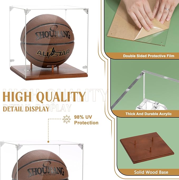 Basketball Display Case, Thickened UV Protection Clear Acrylic Lid Basketball Holder, Wooden Basketball Base Stand for Autographed Ball