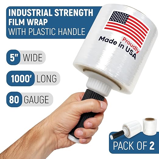 5” x 1000’ Stretch Wrap Mini 2 Rolls with Handle – Clear Plastic Stretch Film 80 Gauge, 500% Elongation, Heavy Duty Shrink Wrap for Moving, Packing & Shipping