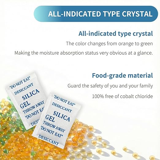 50 Pack 5 Gram Desiccant Packs for Storage, Premium Silica Gel Packets (Rechargeable & Color Indicating), Safe Food Grade Moisture Absorbers for Storage Bins, Electronics, 3D Filament