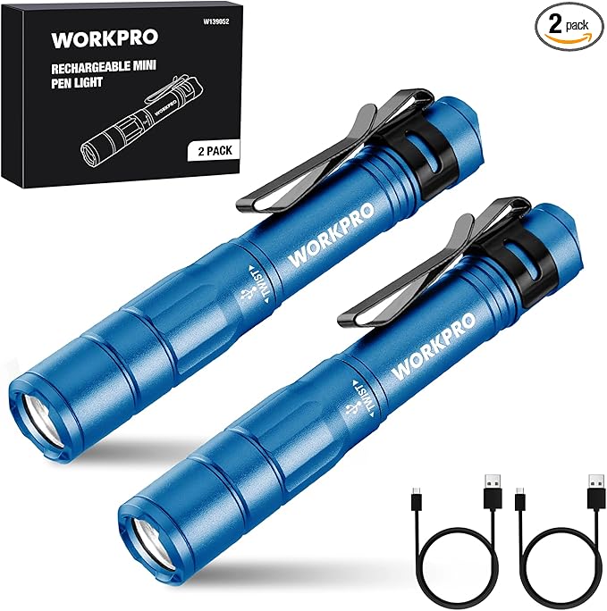 WORKPRO Rechargeable Pen Light, Mini Flashlight, 2 Pack Ultra-Compact EDC Flashlight, Pocket Flashlight with Clip, Memory Function and 2 x USB C Cable Included, Blue
