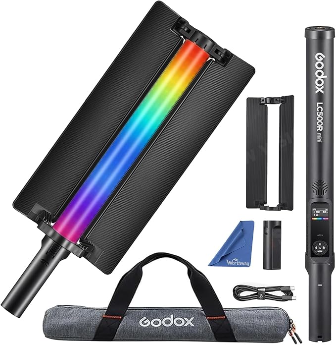 Godox LC500R Mini RGB Video Light Stick - Adjustable 360° Full Color Handheld LED Light Wand with Battery Grip and Barndoor