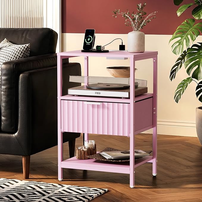 Bonnlo Fluted Nightstand with Charging Station, End Table with Fabric Drawer, Night Stand with Storage Shelf & Handle, Fluted Side Table for Bedroom/Living Room,Pink