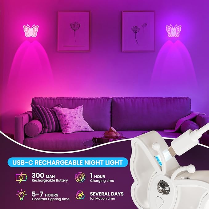 LOFTEK Rechargeable Motion Sensor Light, 2 Color Modes, Dimmable RGB Ambient Lighting, Cute Butterfly Light for Kid's Bedroom, Bathroom, Hallway, Tent & Stairs - Ideal Home Decor & Gift, White of 4