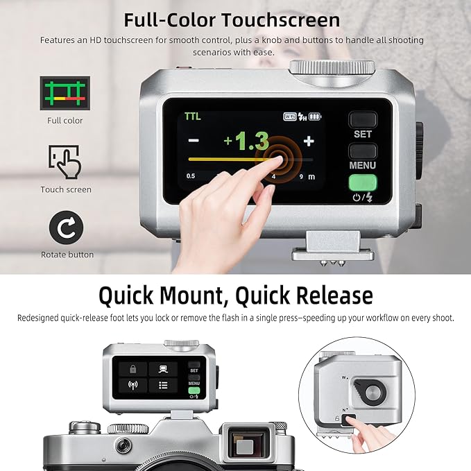 Godox iT30Pro-F Silver Pocket TTL Flash for Fujifilm Camera: 2.4G Wireless + Touchscreen (Equivalent to Built-in X3 Trigger), Li-ion Battery, HSS 1/8000s, 560 Flashes, Built-in Diffuser for Portrait