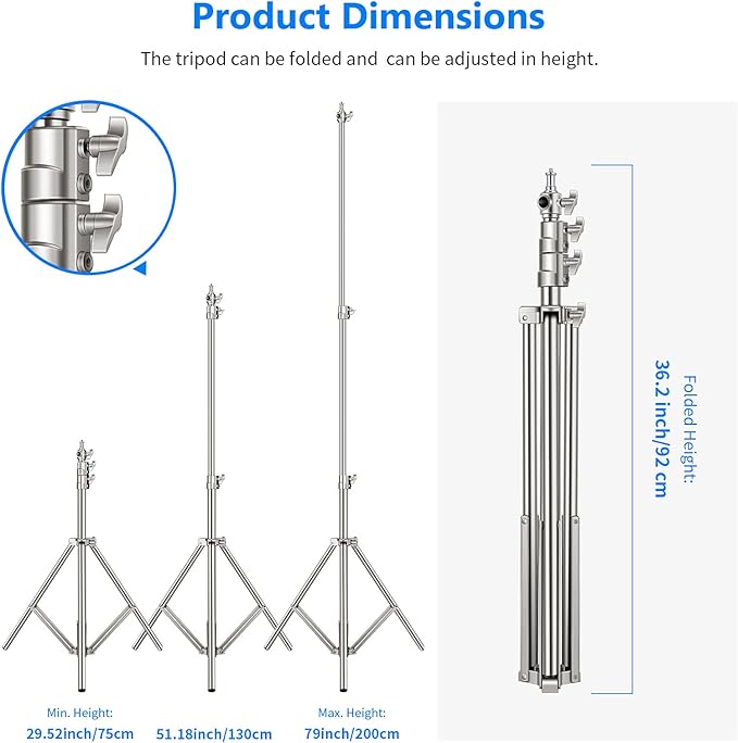 NEEWER 2PCS Light Stand Kit, 79"/200cm Stainless Steel Heavy Duty Tripod Stand with 1/4" to 3/8" Adapter for Studio Softbox, Monolight, Reflector