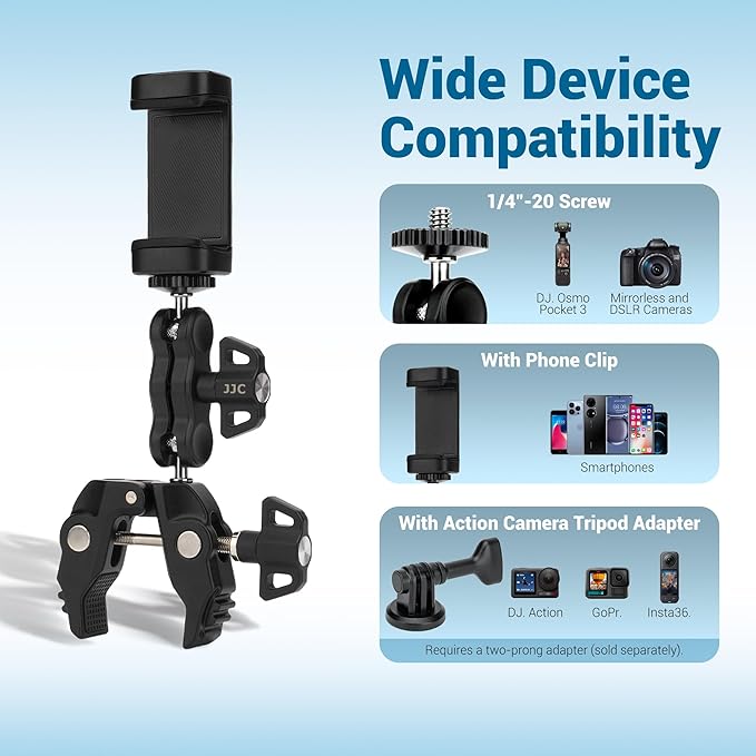 JJC Super Camera Clamp Mount Kit with 1/4'' Ballhead for DSLR DJI Osmo Gopro Hero Insta360 Action Camera Smartphone on Desk Motorcycle Bicycle Bracket Handrail Trolley Cross Bar Flag Vlog Video Record