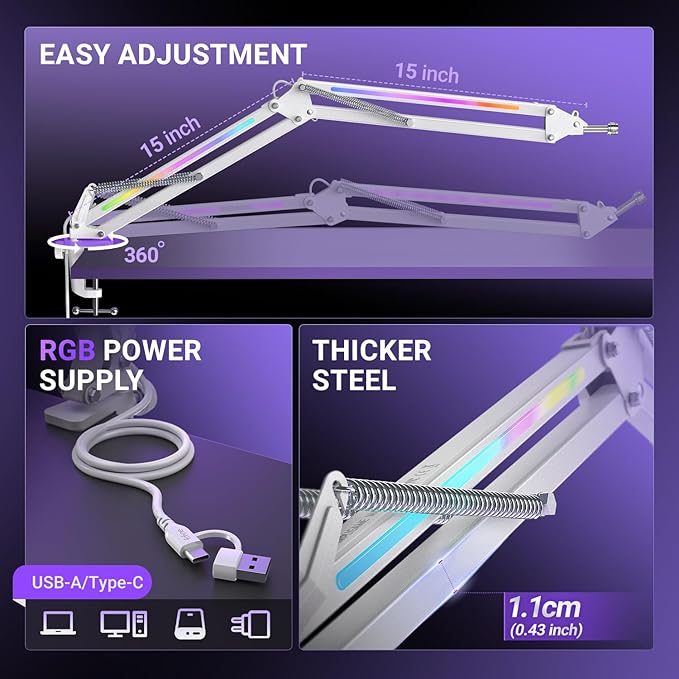FIFINE Microphone Boom Arm, Heavy Duty Mic Arm with Controllable RGB Light,C-Clamp,Gaming Desktop Mic Mount Capacity for AM8,Studio Podcasting,Recording,Gaming,Streaming-BM38W