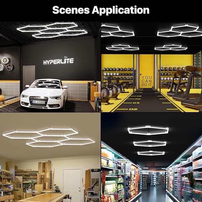 HYPERLITE Gen 2 Hexagon LED Lights: 105W 10500LM 3 Grids DIY Hexagon Led Lights, 6500K Ultra Bright, Easy Install, Durable Design for Garage, Car Detailing, Workshops, Basement, Gym