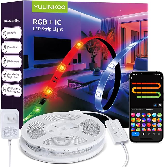 RGB+IC LED Strip Light, 6.6ft Smart LED Light for Bedroom, Bluetooth APP Control, Color Changing LED Strip Lighting, 44 Scene Modes, Music Sync, TV Backlight Behind Strip, Home Decor, Gaming Room