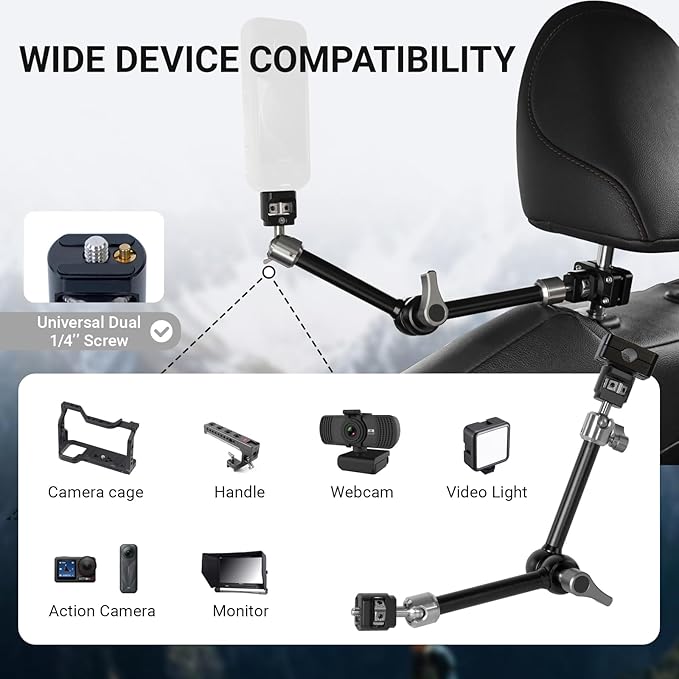 Heavy-Duty Articulating Magic Arm Mount with Super Clamp, 360° Dual Ball Head & 1/4" ARRI Locating Pin&Holes, Camera Monitor Mount for Action Camera Video LED Light (11" Magic Arm w/Headrest)