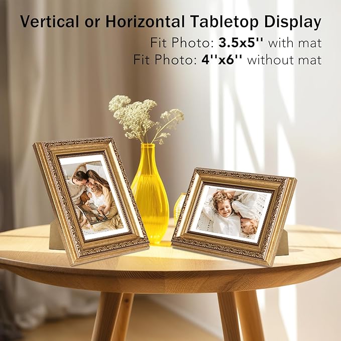 4x6 Vintage Picture Frame with 3.5x5 Mat Set of 2, Elegant Retro 4 by 6 Photo Frame with Shatter-Resistant Plexiglass for Wall or Tabletop Display, Gallery Decor & Gift, Gold, 2 Pack