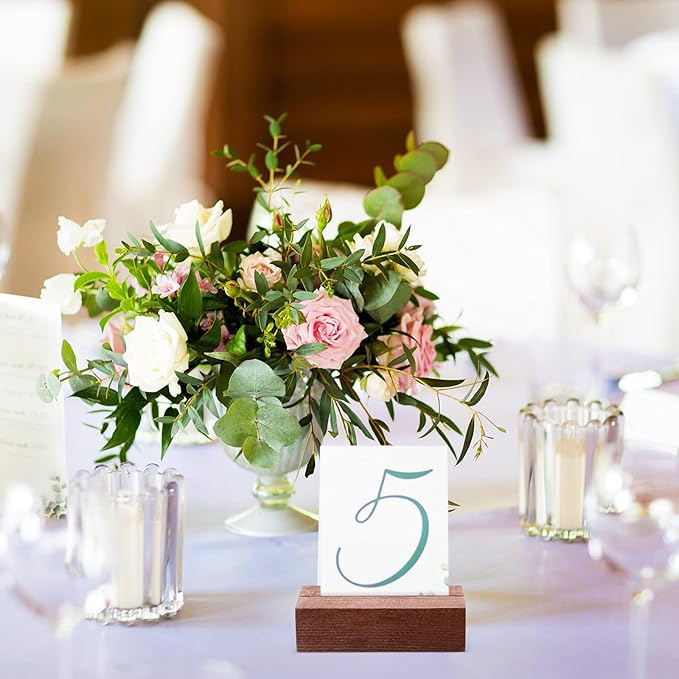 12 Pieces Wood Place Card Holders Wood Sign Table Number Stands Name Card Holder for Wedding Party Events Decoration(3 x 1.6 x 0.8 Inch,Walnut Color)