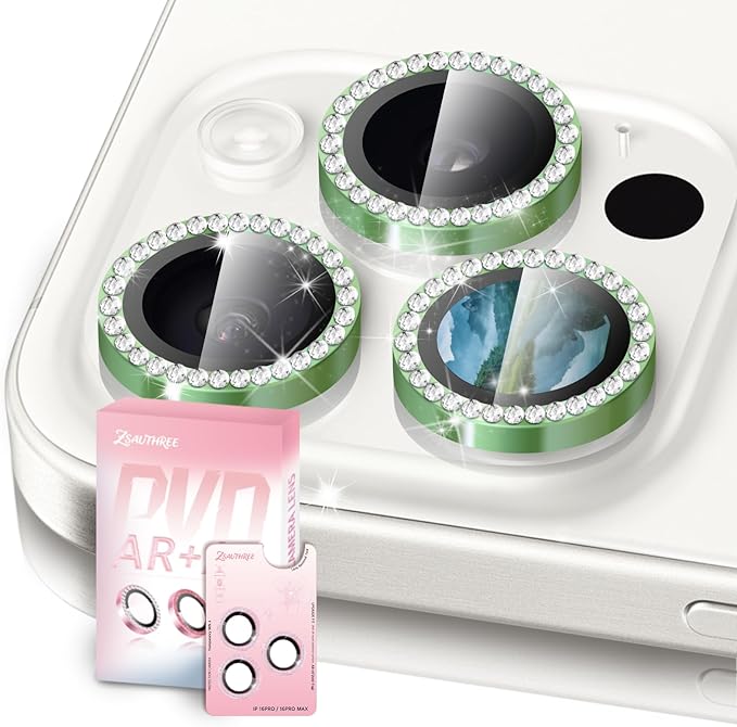 Camera Lens Protector Bling Compatible for iPhone 15 Pro/15 Pro Max,9H Tempered Glass,1Step Installation Tray,HD Clear/Military Grade Shatterproof/Scratch Resistant(Diamond Light Green)