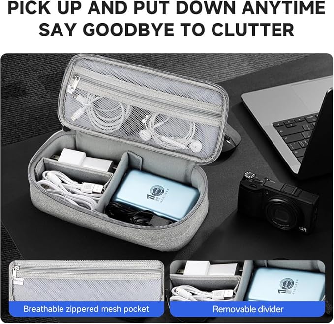 Teskyer Tech Organizer Pouch – Portable Waterproof Electronics Bag with Compartments for Cables, Chargers, Earbuds & Phone (Grey)