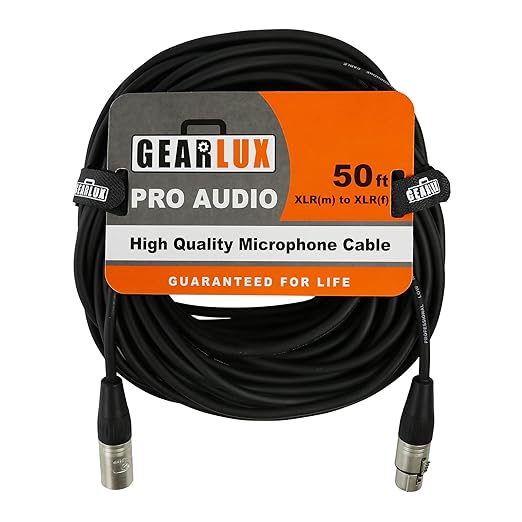 Gearlux XLR Microphone Cable, Fully Balanced, Male to Female, 50 Feet - Single Pack