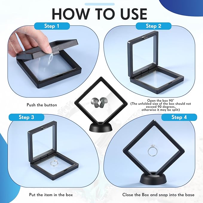 60 Pcs 3D Floating Display Case PE Film Jewelry Storage Box Coins Display Frame Holder Stands for Antique Challenge Coins, Medallion Shells Gems Rocks Pins (Black,3.5 Inch)