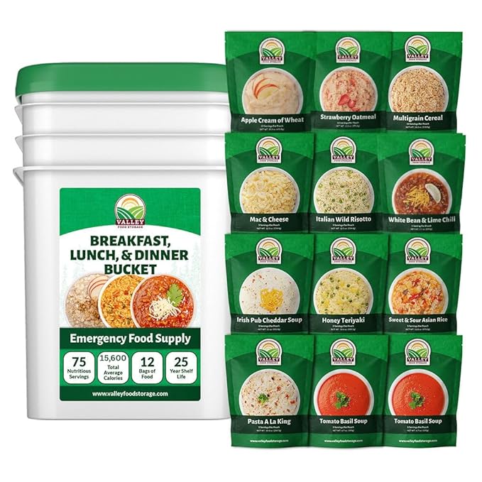 80 Serving Breakfast, Lunch & Dinner Bucket | Premium Emergency Food Supply | Survival Food 25 Year Shelf Life | Camping Food, Backpacking Meals, Prepper Supplies | Valley Food Storage Packaged in USA